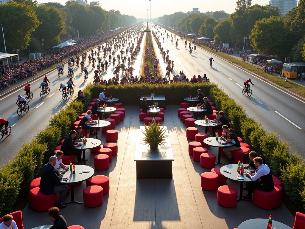 This image depicts a vibrant VIP terrace set up in the middle of a cycling championship. The terrace features stylish tables and comfortable puff seating, providing a perfect vantage point for spectators. A bartender is seen serving refreshments while a DJ sets the mood with music. On either side, a three-lane highway is lined with cyclists racing by, creating an exciting atmosphere. The warm sunlight of the golden hour casts a beautiful glow on the scene, emphasizing the lively interaction among guests as they enjoy the thrilling race.