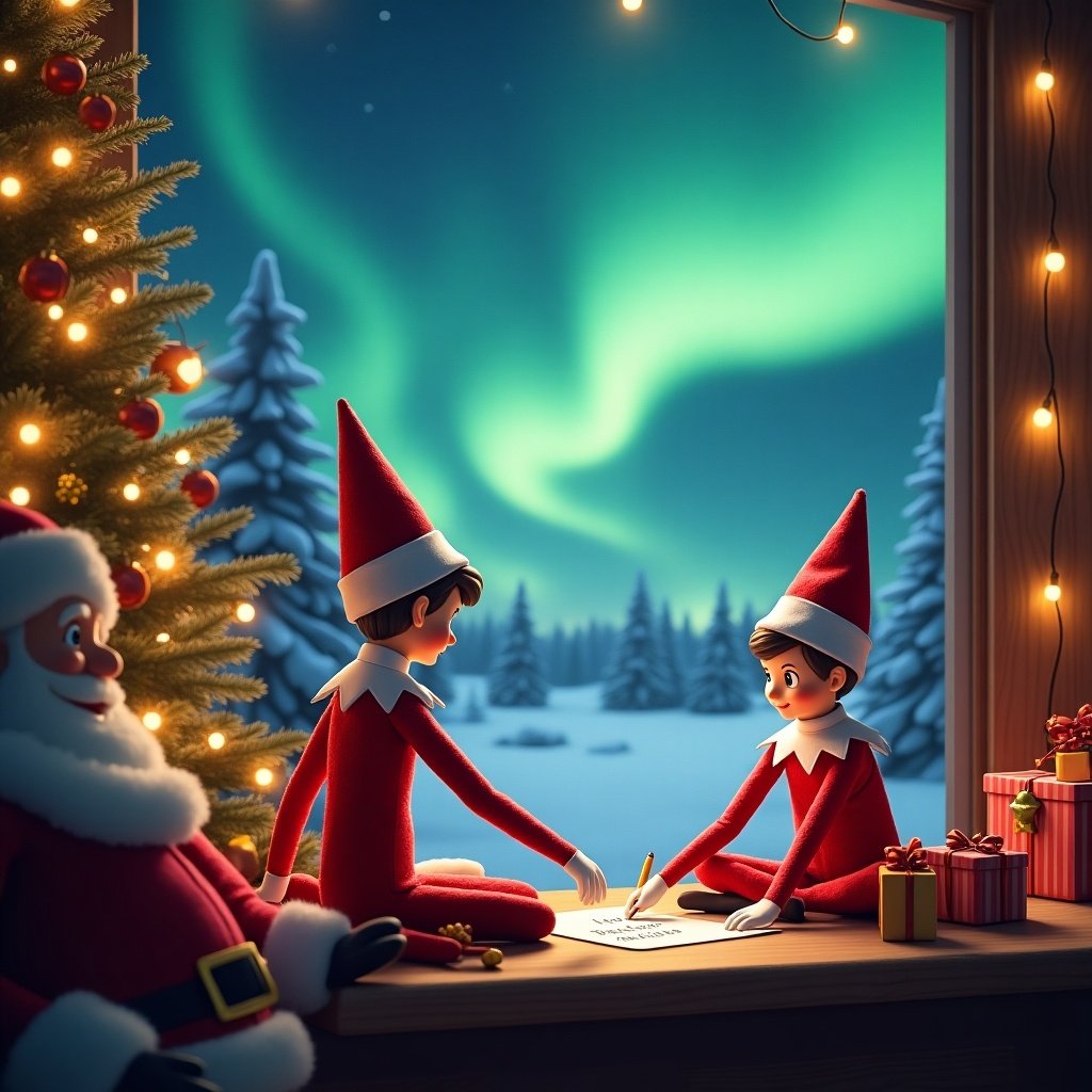 In a magical Christmas setting, two elves are sitting together at a rustic table, writing letters. They are surrounded by twinkling Christmas lights and a decorated tree, while Santa watches over them with a smile. Outside the window, the vibrant Northern Lights dance in the night sky. The cozy indoor scene contrasts beautifully with the snowy landscape outside. This illustration captures the joy and enchantment of the holiday season, inviting viewers to join in the festive spirit.