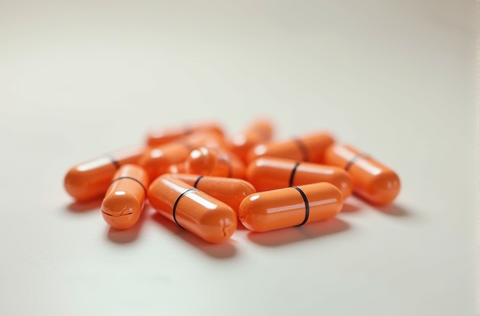 A group of orange capsules with dark bands lying on a white surface.