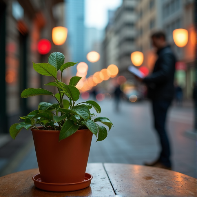 A potted plant on a city street table with a blurred urban scene in the background.