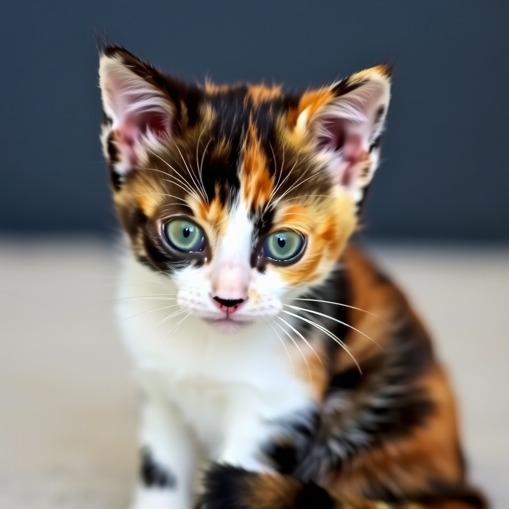 A calico kitten with striking green eyes looks curiously at the camera.