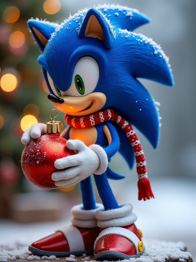 Sonic the Hedgehog character stands snow-covered. Sonic wears a festive red and white scarf. Sonic holds a large shiny red Christmas bauble. Background features blurred Christmas tree lights for a holiday feel.