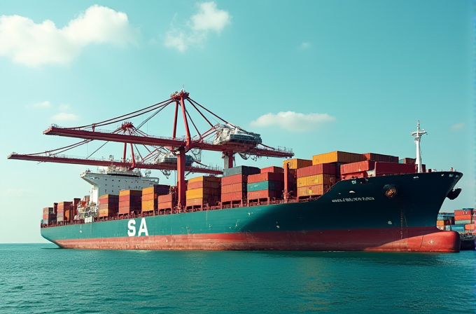 A massive container ship loaded with multicolored cargo containers navigates calm waters under a clear blue sky, with towering cranes in the background.