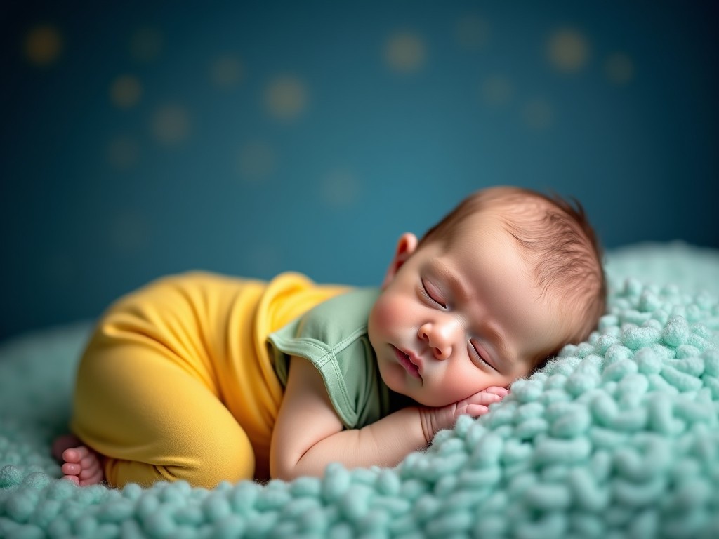 A peaceful sleeping newborn baby wrapped in soft yellow and green blankets. The baby is curled up on a soft, textured blanket. The background features a starry night sky, with stars twinkling softly. This setting creates a dreamy and tranquil atmosphere. The soft blue color palette adds to the calming effect, perfect for capturing moments of innocence and peace.