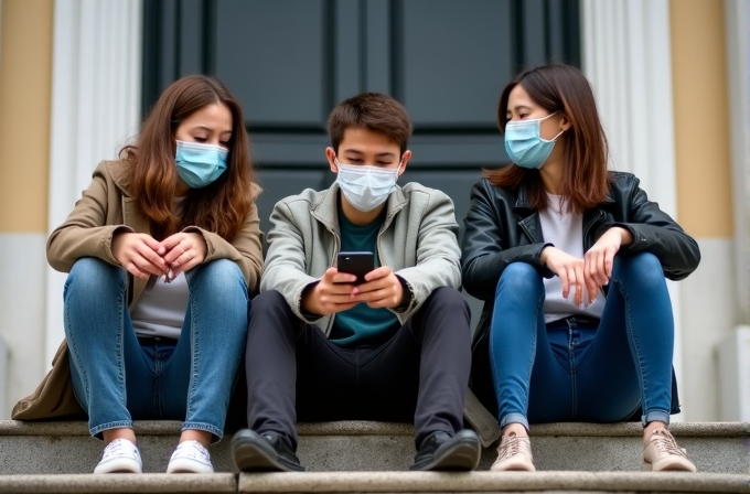 Three young people wearing masks sit closely on stairs, with the person in the middle focusing on a phone.