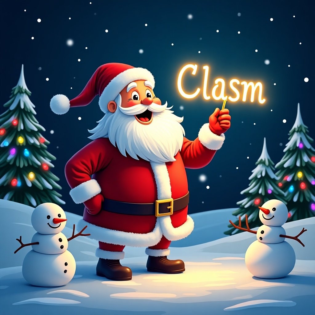 This image features a cheerful Santa Claus, dressed in his iconic red and white suit. He joyfully holds a glow stick that creates the name 'Clasm' in bright light. Santa's warm expression radiates holiday cheer, bringing a sense of joy to viewers. Two jolly snowmen stand beside him, complementing the festive scene. The backdrop is a dark winter night sprinkled with twinkling stars, enhancing the glow of the text. Colorful Christmas lights adorn the nearby evergreen trees, capturing the magical spirit of the season while evoking the tradition of giving personalized gifts.