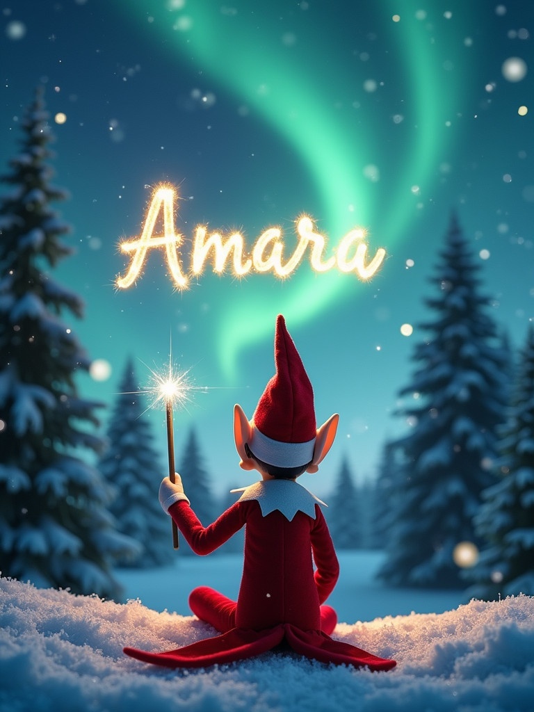 An elf on the shelf sits facing northern lights in a winter wonderland. The elf uses a wand to write ‘Amara’ in the sparkling sky. The ground is covered in snow, and evergreen trees are present in the background.