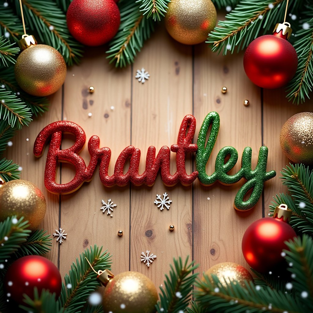 Christmas-themed design featuring the name 'Brantley'. Bright red and green lettering at the center. Surrounded by gold and red ornaments and evergreen branches. Snowflakes scattered. Textured warm wooden surface in the background.