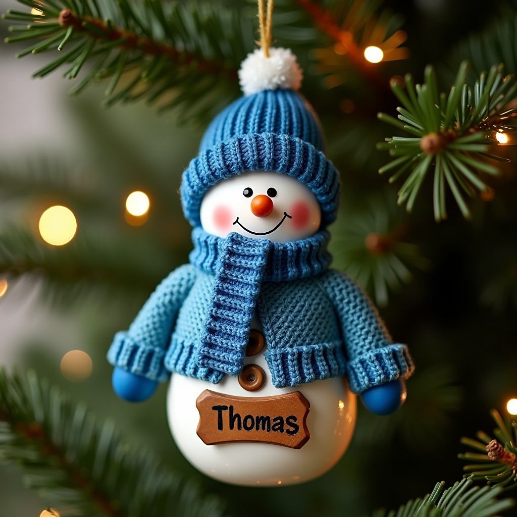 Snowman ornament hanging in a Christmas tree. Has a blue hat and blue scarf. Features a jumper with the name Thomas on a plaque.