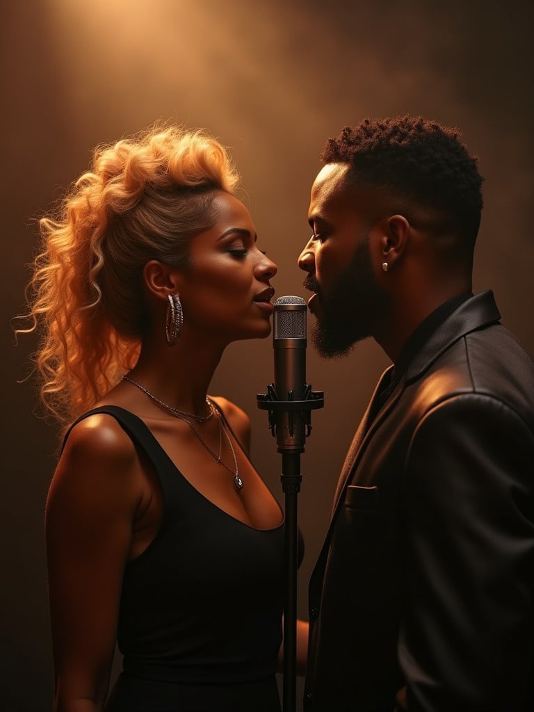 A man and woman are in a dimly lit recording booth. They sing an intense love song. The woman has iconic blonde hair styled elegantly. She wears a stylish outfit with hoop earrings. The man has a charismatic presence. He is dressed in classic 90s R&B style. Smoke swirls dramatically around them. Warm muted lighting highlights their emotional connection and the microphone.