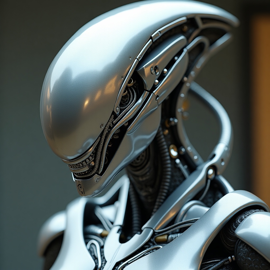 Close-up view of a highly detailed metallic alien robot showcasing head and upper body. The surface is shiny silver with intricate designs including elongated head and mechanical spine. Soft lighting creates reflections, emphasizing the sleek texture. The robot evokes themes from science fiction.