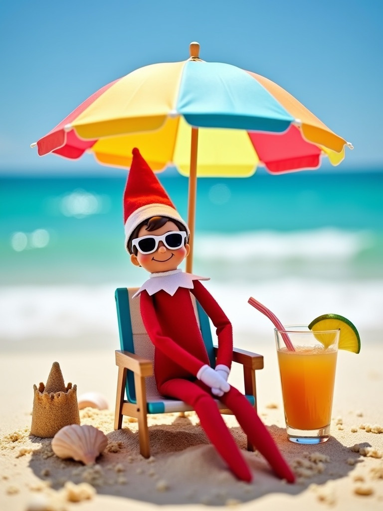 Playful Elf on the Shelf at the beach setting. Elf sits on a miniature lounge chair under colorful umbrella. Tiny sunglasses complement the iconic red outfit. Seashells and sandcastle surround elf. Tropical drink nearby. Bright sunny sky and clear ocean waves in the background. Cheerful atmosphere present.