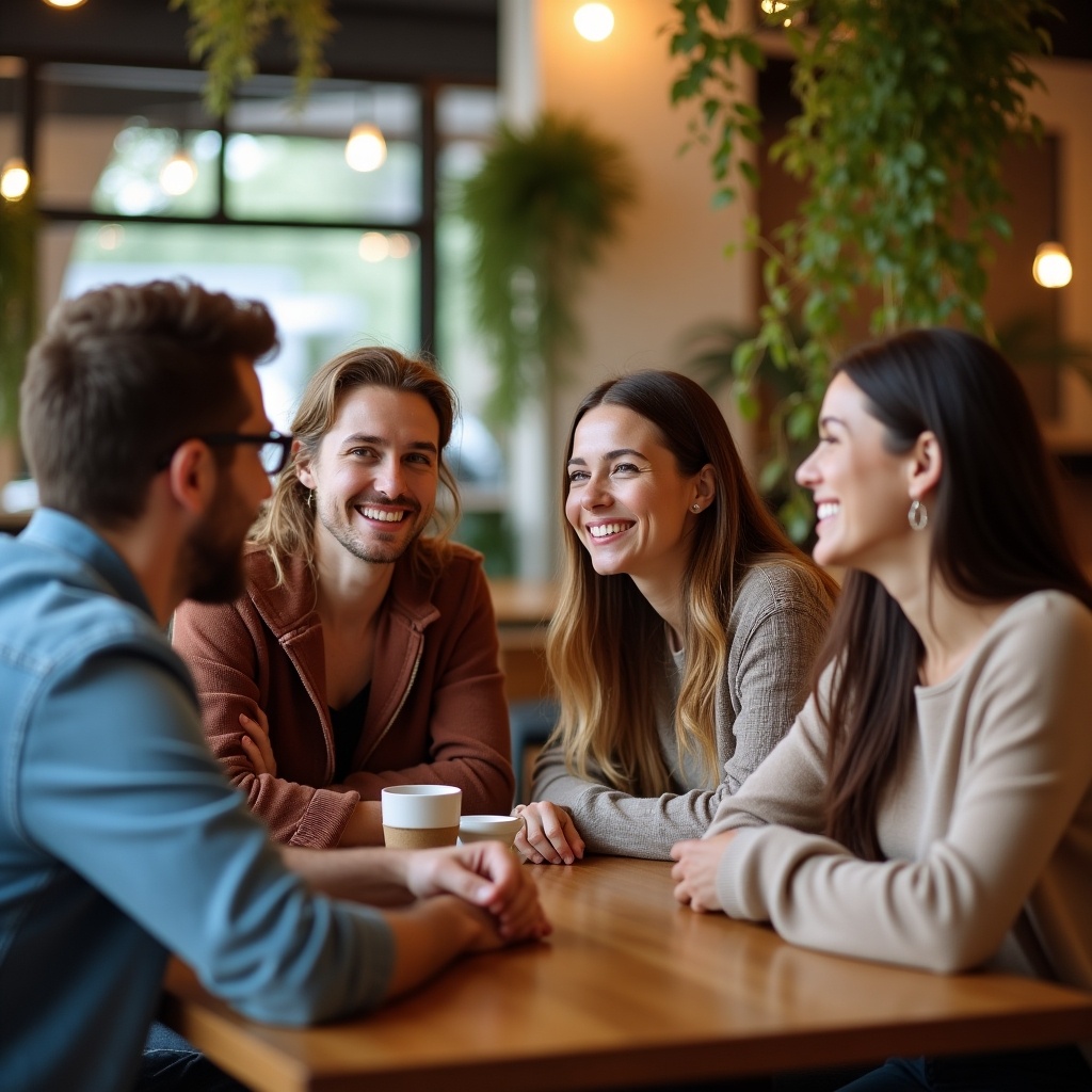 Four people are sitting at a table in a cozy cafe. They are smiling and engaged in a friendly conversation, creating a warm and inviting atmosphere. The background features soft lighting and greenery, adding to the relaxed vibe of the setting. Each person appears to be enjoying the moment, dressed casually yet stylishly. This image captures the essence of friendship and connection in a social environment.