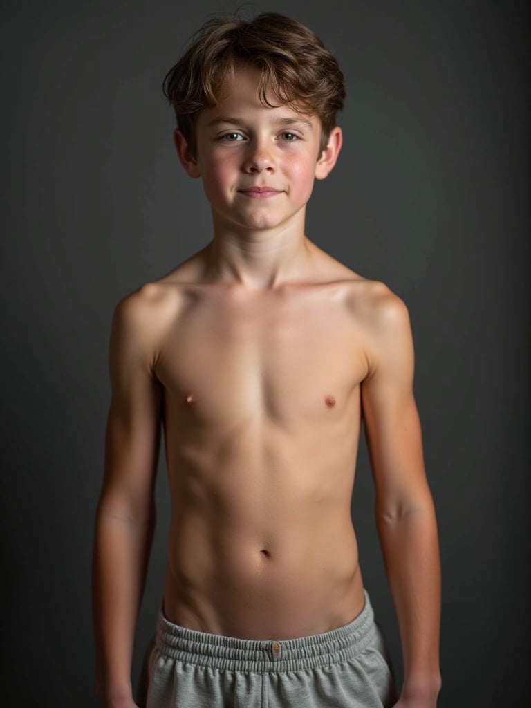 Athletic 14 year old boy with an athletic build. Boy is shirtless and wearing sagging shorts. Photo taken from the front in a neutral background.