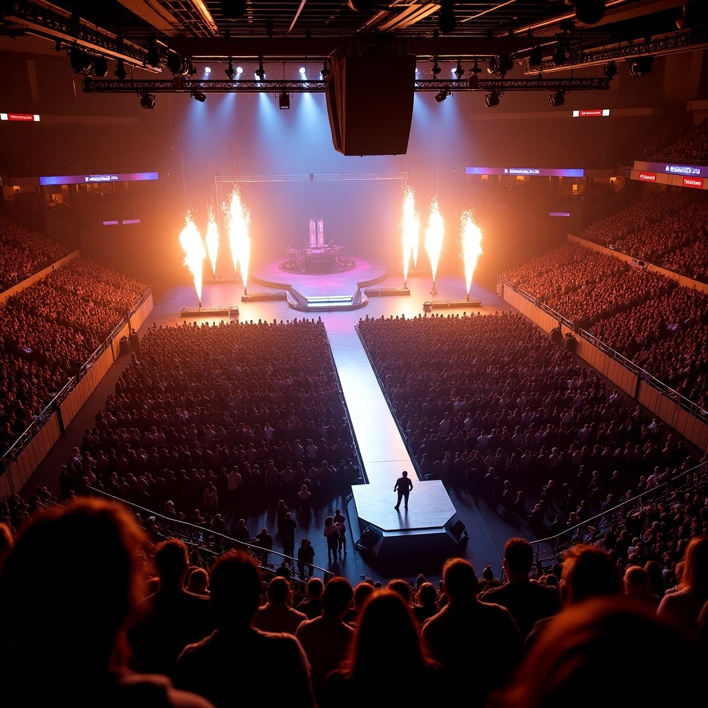 Concert of Roddy Rich at Madison Square Garden with an aerial view. T stage design with runway. Audience watching with pyrotechnics lighting up the stage.