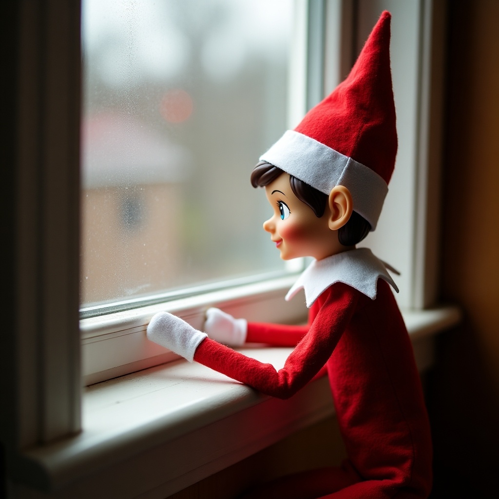 This image features a cute elf doll sitting by a window, gazing outside. The elf is dressed in a bright red outfit with a classic pointed hat. Soft, natural light illuminates the room, creating a warm, cozy atmosphere. The elf's expression shows wonder and curiosity as it looks out at the world. This scene evokes feelings of holiday cheer and nostalgia, perfect for festive storytelling.