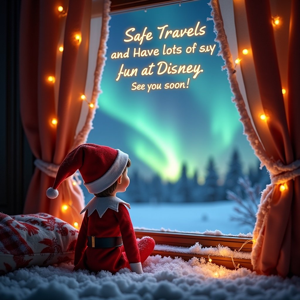 A cozy scene with an adorable elf by a snowy window. The elf gazes at the northern lights. The elf wears a red outfit and hat. A glowing message says, 'Safe Travels and Have lots of fun at Disney. See you soon!'. Fairy lights brighten the room. Snow enhances the festive atmosphere.