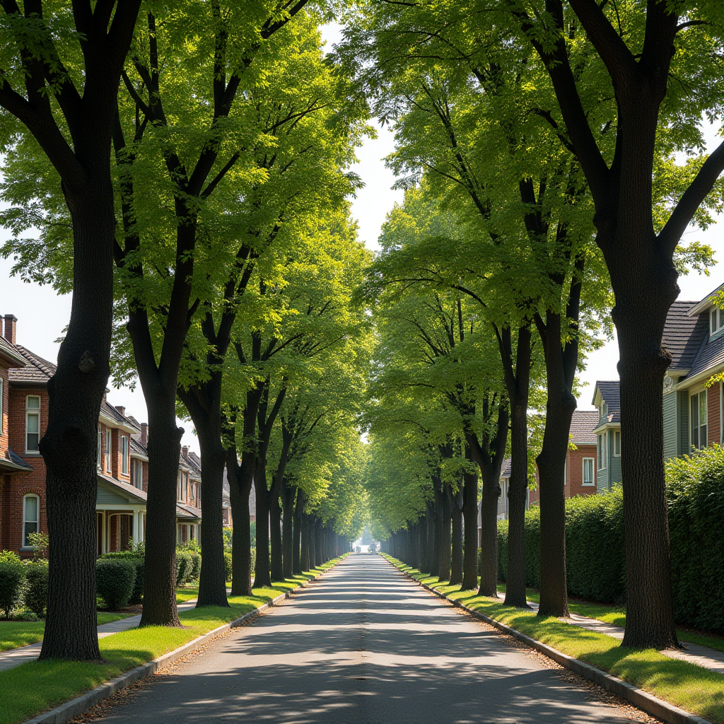 A serene, sun-dappled street lined with towering, lush green trees and charming suburban houses.