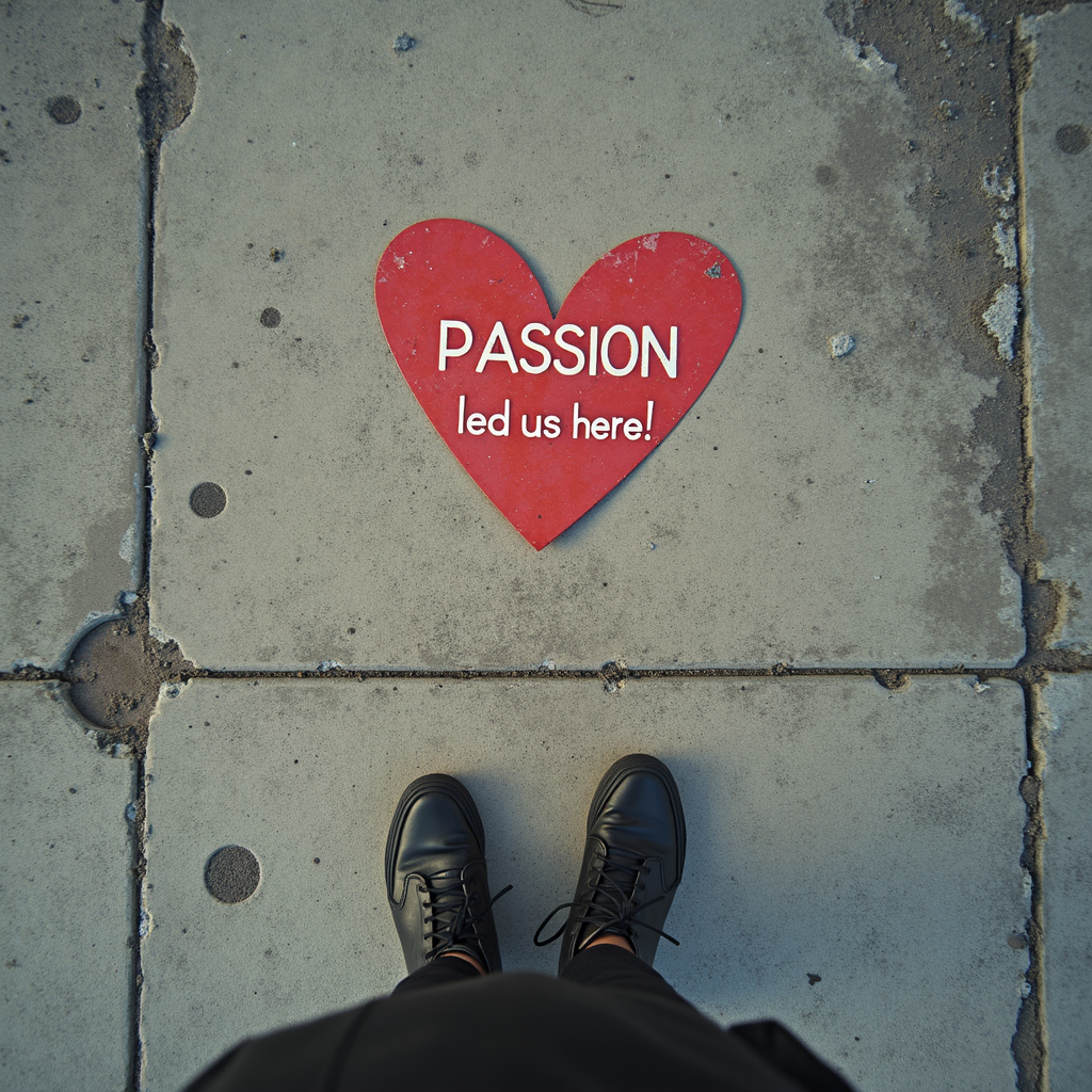 A pair of shoes stand on a sidewalk with a red heart-shaped sign reading 'PASSION led us here!'.