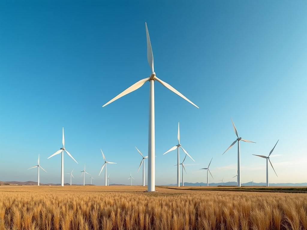 A large field of wind turbines stands amidst a golden wheat field under a clear blue sky, with mountains visible in the distance.