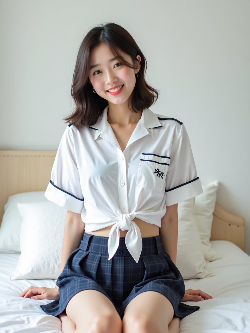 a young woman sitting on a bed in a relaxed pose, smiling, wearing a white tied blouse and checked skirt, bright room with natural light