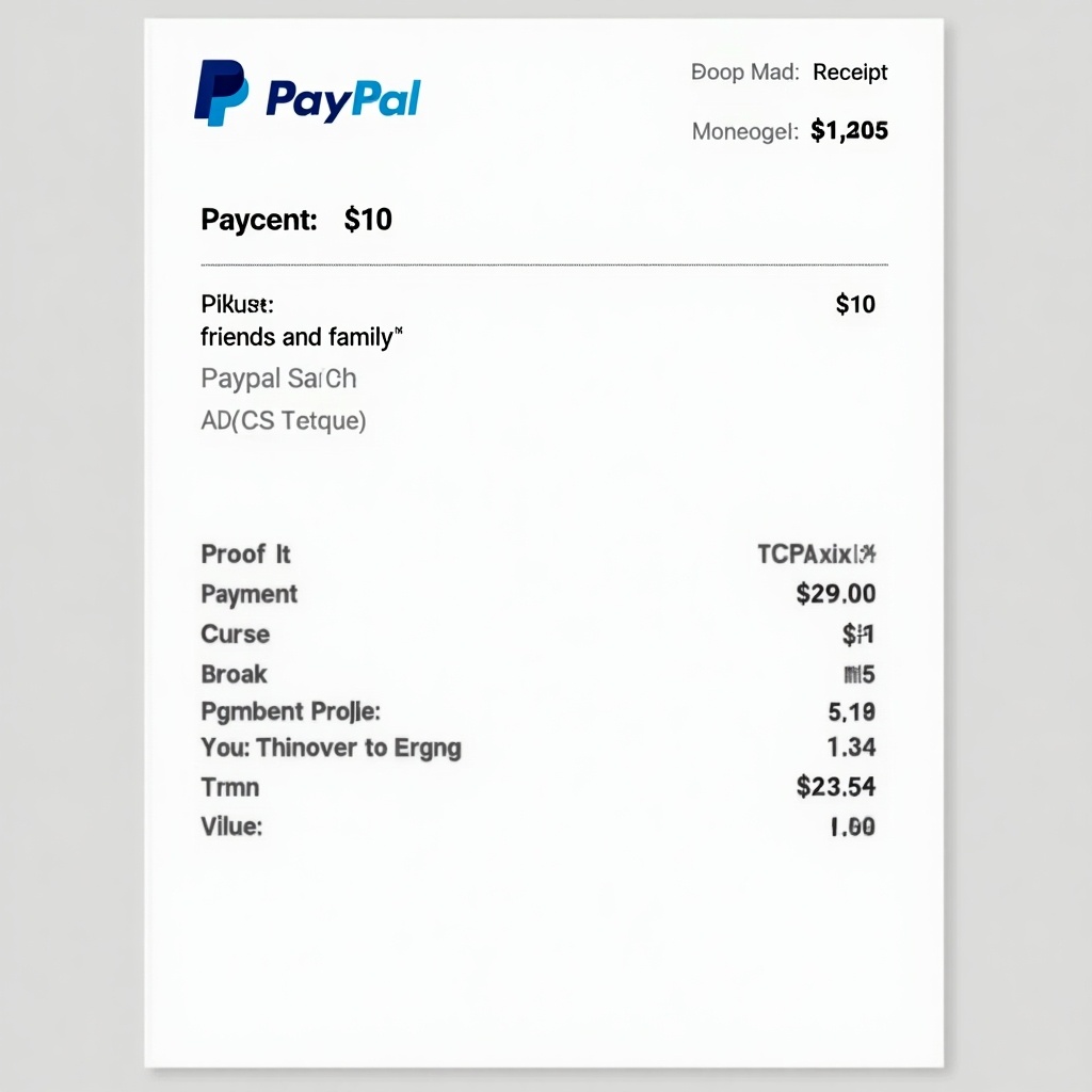 Image depicts a PayPal receipt showing a $10 transaction. The payment is titled 'friends and family'. The PayPal logo is at the top. Contact details are included for both parties. Design is clean and professional, typical of digital receipts.