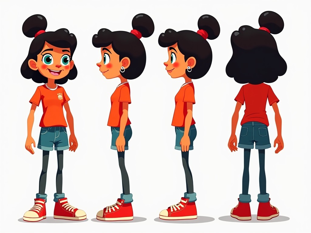 A teenage Puerto Rican girl character design in the style of Code Name: Kids Next Door is centered here. She is displayed in five views: front, side, quarter, up, and down. The character features vibrant colors, playful proportions, and exaggerated limbs. Her oversized, expressive eyes add personality to the design. This digital illustration uses bold outlines and flat colors, capturing the essence of animated character design. The character wears a casual outfit, including a bright orange shirt and blue jeans, perfect for a youthful look.