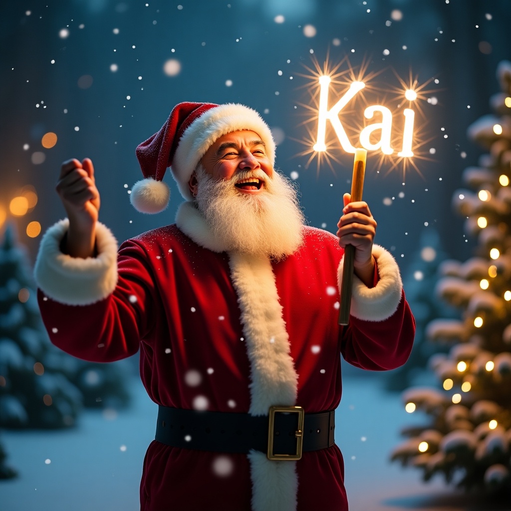 Image of Santa Claus celebrating Christmas night. He wears a traditional red suit with white fur trim. Soft snow falls around him. Santa holds a glowing stick lighting up the word 'Kai'. Background has twinkling fairy lights and illuminated Christmas trees. The scene evokes warmth and holiday magic.