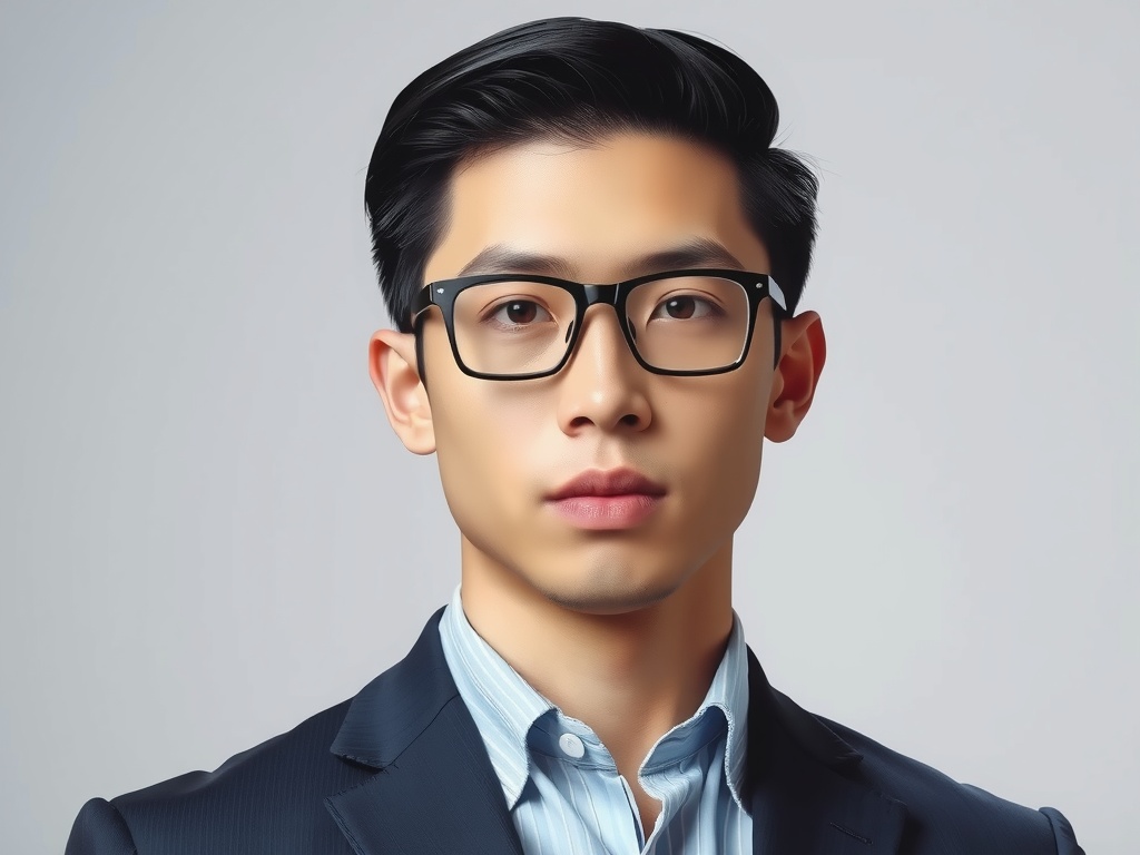 A young man in glasses and a suit poses confidently against a neutral background.