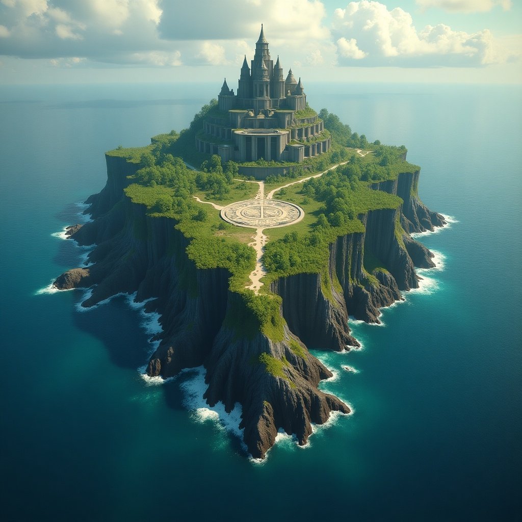 Image depicts a fantasy heightmap of a ritual island with a castle and lush greenery.