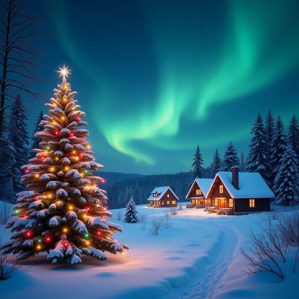 Serene winter landscape under starry night sky. Northern lights illuminate the scenery. Foreground features a decorated Christmas tree with colorful lights. Soft white snow blankets the area. Cozy cottages nestled among snow-covered fir trees. Peaceful and magical ambiance for holiday season.