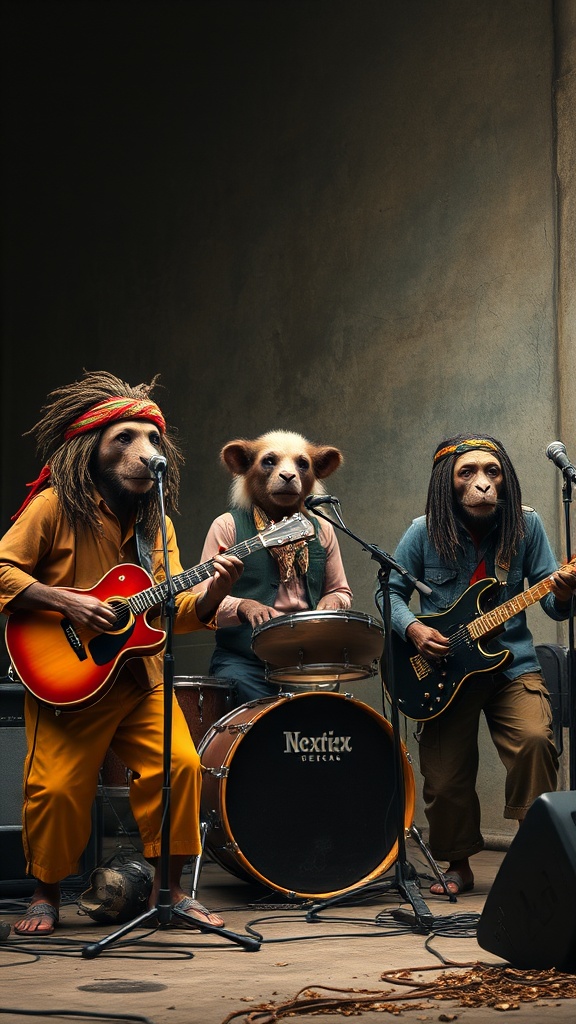 The image portrays an imaginative scene of three anthropomorphic animals dressed as a reggae band. Two animal figures, resembling primates, are playing guitars and have long hair styled in dreadlocks. The central figure, a bear-like animal, is on the drums. The scene is set in a rustic interior with subdued lighting, lending a warm atmosphere to the scene.