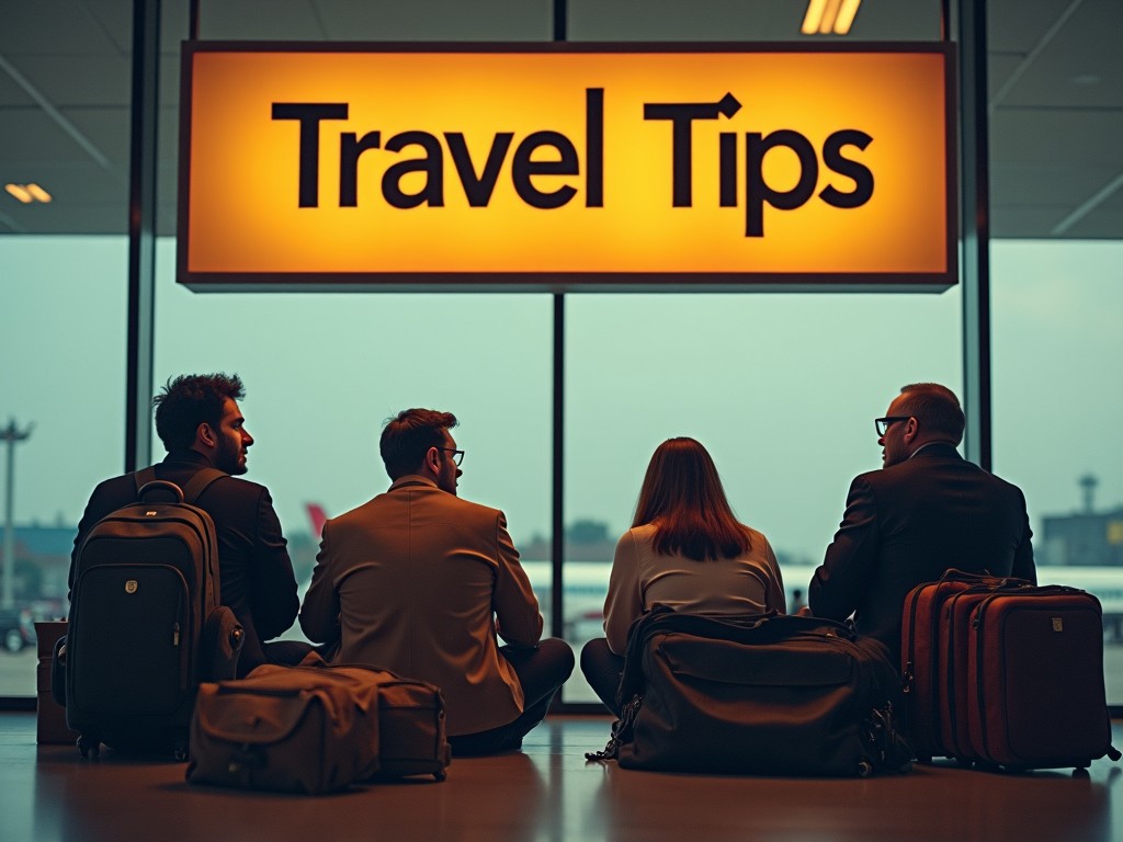 The image showcases a group of four travelers sitting on the floor of an airport terminal. They are positioned against a large illuminated sign that reads 'Travel Tips'. Each traveler has a suitcase or bag beside them, suggesting they are getting ready for a journey. The scene conveys a sense of anticipation and unity as they share travel experiences. The lighting is warm and inviting, highlighting the importance of travel advice. The glass window behind them hints at planes in the background, adding to the travel theme.