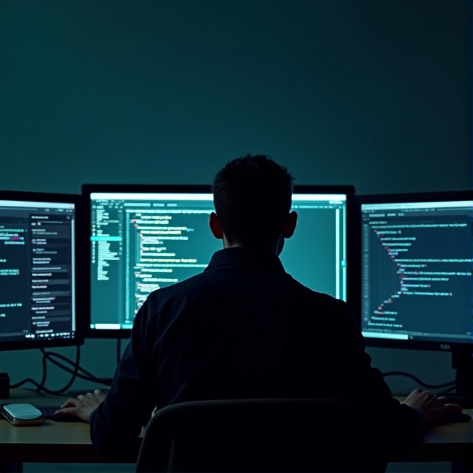 A person is programming on three monitors in a dimly lit room.