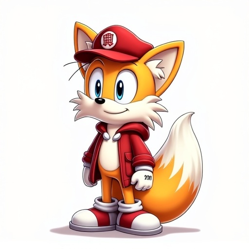 Tails character wears a plumber's cap and hoodie. No background. Bright colors and cheerful design. Focus on Tails' expression and outfit.