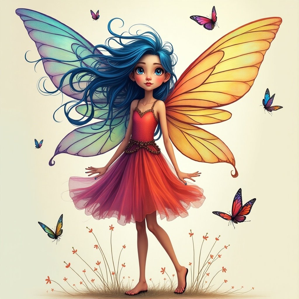 Image of a fairy girl with long, colorful hair. She has bright blue eyes. Dressed in a vibrant dress. Butterflies are flying around her. The scene is whimsical and magical.