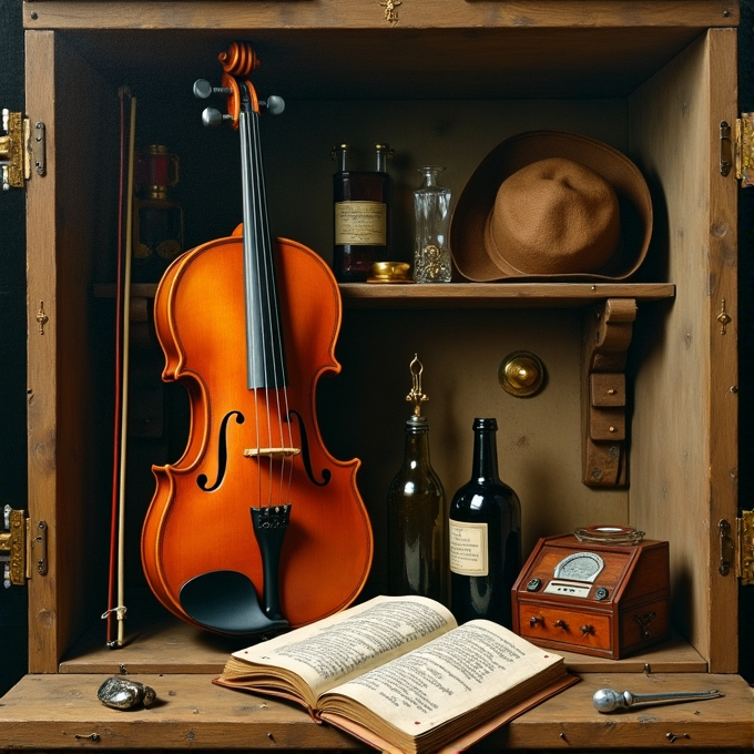 A violin, open book, bottles, hat, and antique items displayed in a wooden cabinet.