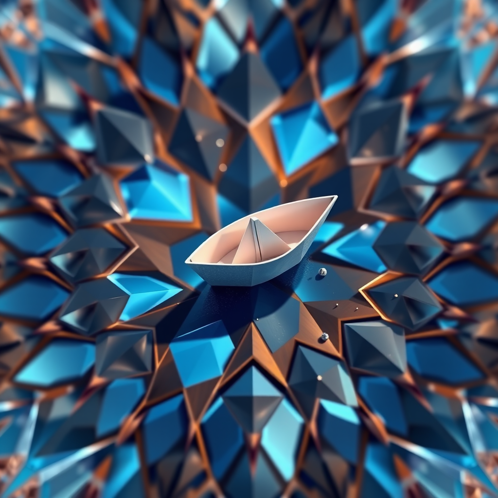 A paper boat sits atop a geometric mosaic of blue and orange shapes, creating a surreal visual effect.