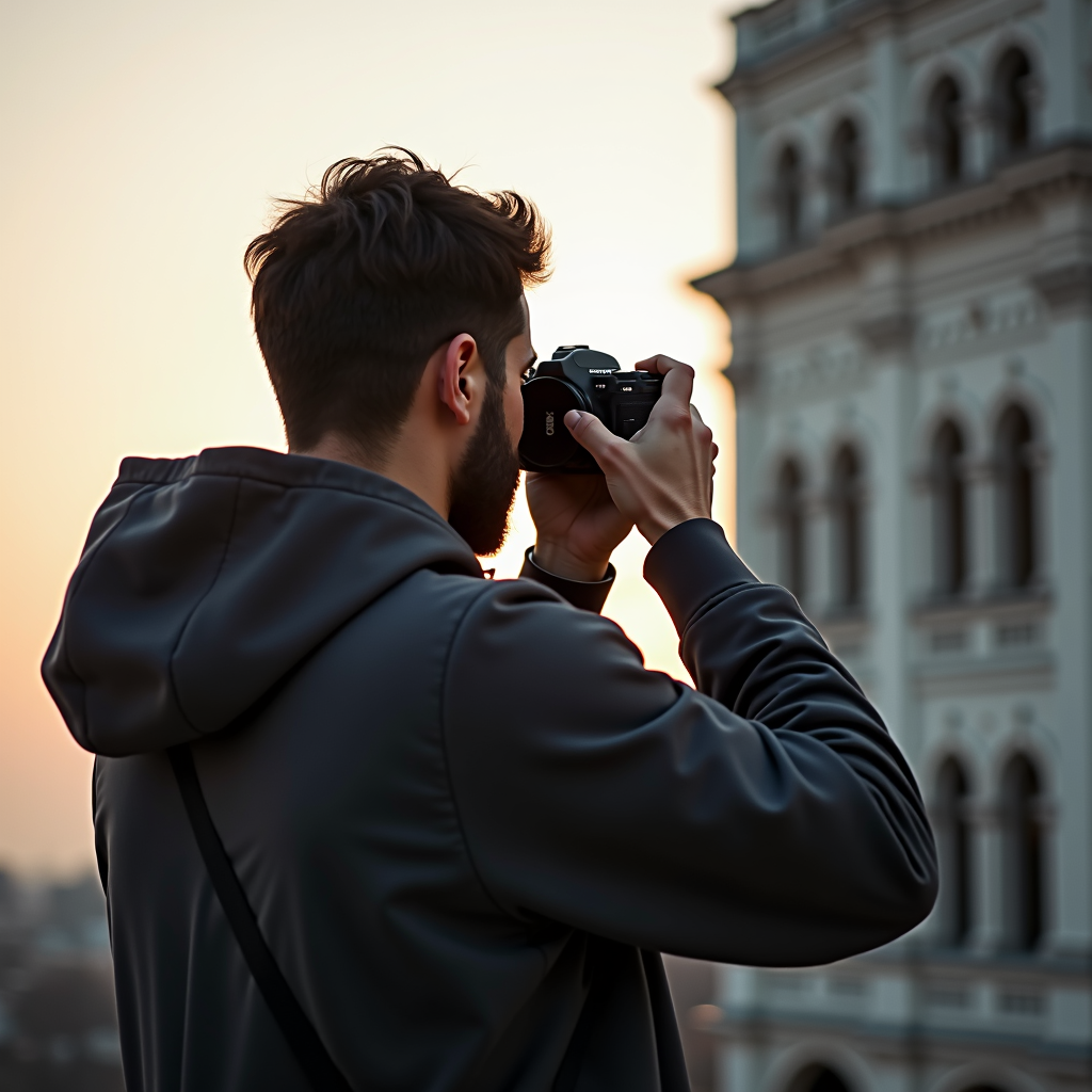 A person in a hoodie takes a photo of a historic building during sunset.