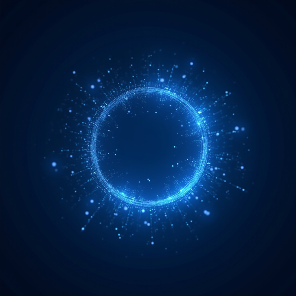 A glowing blue halo with radiating digital particles against a dark background.