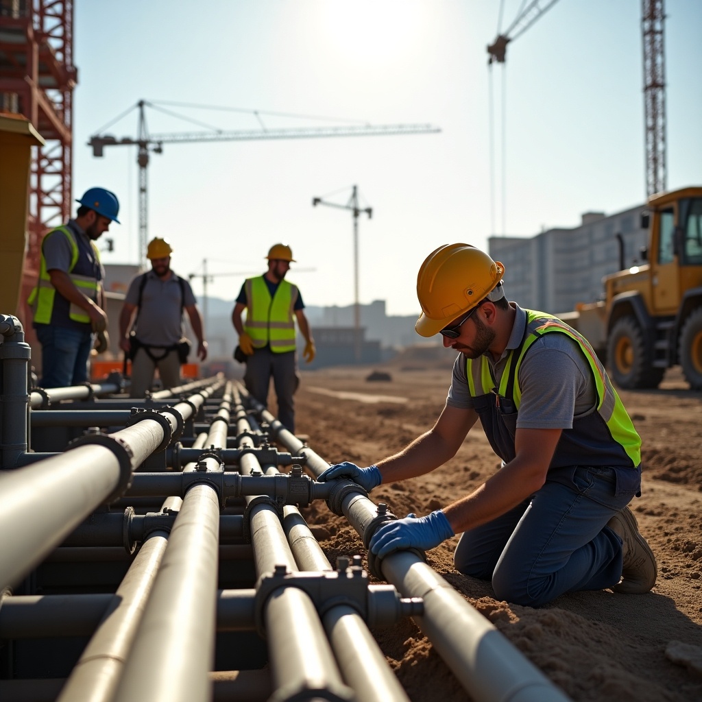 A group of construction workers engaged in a plumbing job at a construction site. Workers are wearing safety gear and working on pipe installations. Heavy machinery is visible in the background. The scene is bright and busy with several workers collaborating.