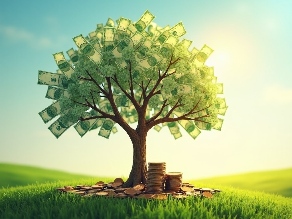 A whimsical depiction of a tree made of money, with leaves shaped like dollar bills fluttering in the breeze. Beneath the tree, there are stacks of coins adorning the grass, emphasizing the theme of wealth accumulation. The background features a serene landscape with soft rolling hills illuminated by the warm glow of the sun. This scene symbolizes the concept of growing wealth and the idea that financial prosperity can blossom. The colors of green and gold dominate the image, suggesting abundance and richness.