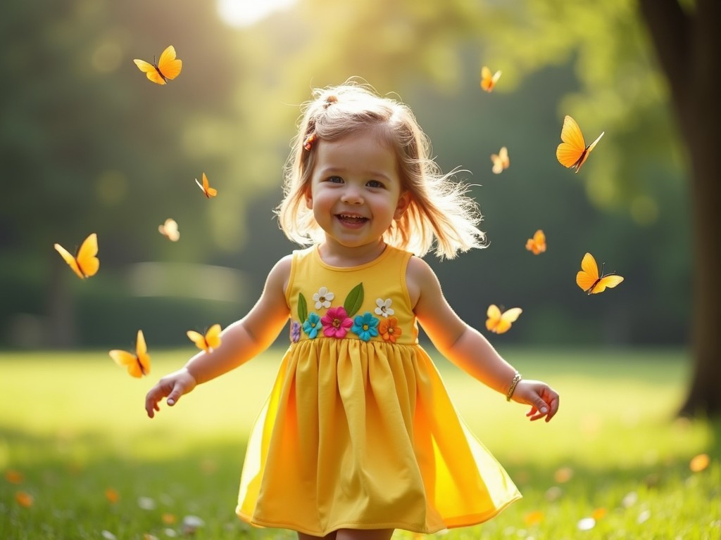 A three-year-old girl wearing a bright yellow dress with colorful flowers on the waist runs joyfully in a sunny meadow. She has a big smile on her face, exuding happiness and innocence. Around her, delicate butterflies flutter gracefully, enhancing the lively atmosphere. The soft sunlight filters through the trees, creating a magical glow. The scene captures the essence of childhood joy and connection with nature.