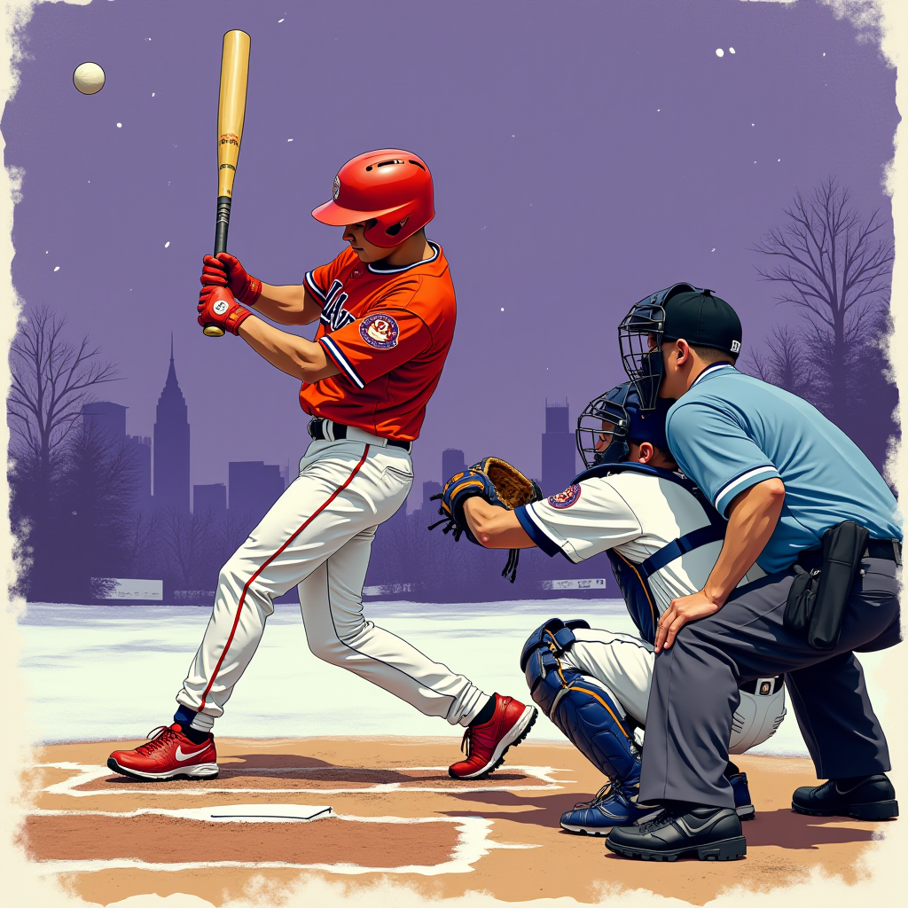 A baseball player swings at a pitch under a snowy backdrop with city skyscrapers in the distance.