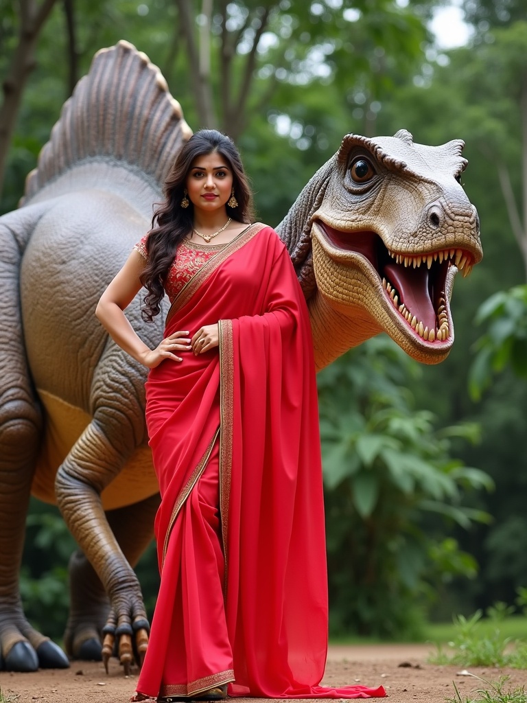 A woman poses confidently in a striking red sari in front of a large dinosaur statue. The dinosaur is detailed and realistic. The background is filled with lush greenery. The contrast between modern attire and ancient life creates an engaging scene.