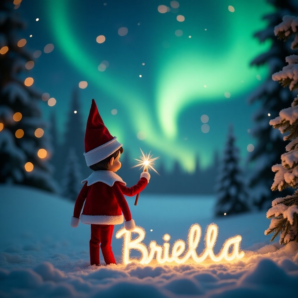 An enchanting Christmas scene features an elf on the shelf, facing the sky with his back to the viewer. Dressed in red and white, the elf wields a magic wand, writing 'Briella' in glowing script in the snow. The backdrop boasts vibrant northern lights that enhance the magical atmosphere. This festive scene captures the spirit of Christmas while adding a whimsical twist. The elf's position and action evoke a sense of wonder, embodying the joy and excitement of the holiday season.