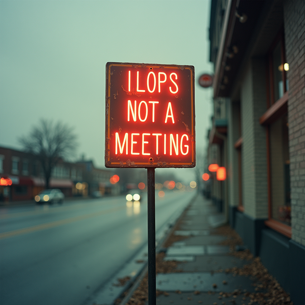 A glowing red neon sign on a city sidewalk reads 'LOPS NOT A MEETING' amidst a blurred, rainy street backdrop.