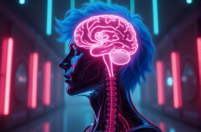 A futuristic depiction of a person's side profile showcasing a glowing brain and spine in neon lights set against a vibrant, cyberpunk background.