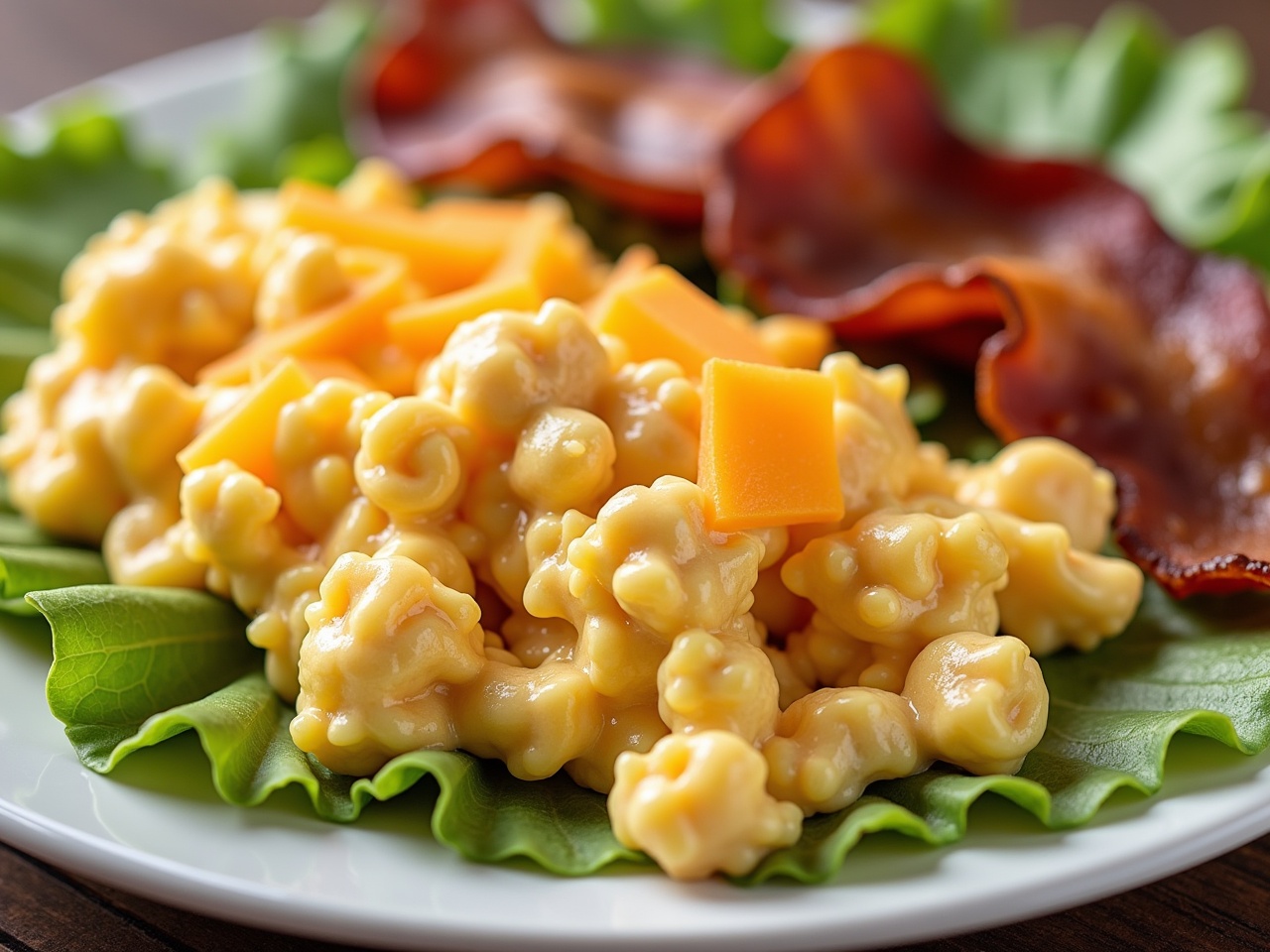 The image showcases a plate of creamy macaroni and cheese served on a bed of crisp lettuce. It features chunks of cheddar cheese melted throughout the macaroni. There are crispy bacon slices placed artistically beside the cheese. The dish is vibrant and visually appealing. The overall presentation is simple yet appetizing, making it a perfect meal for breakfast or lunch.