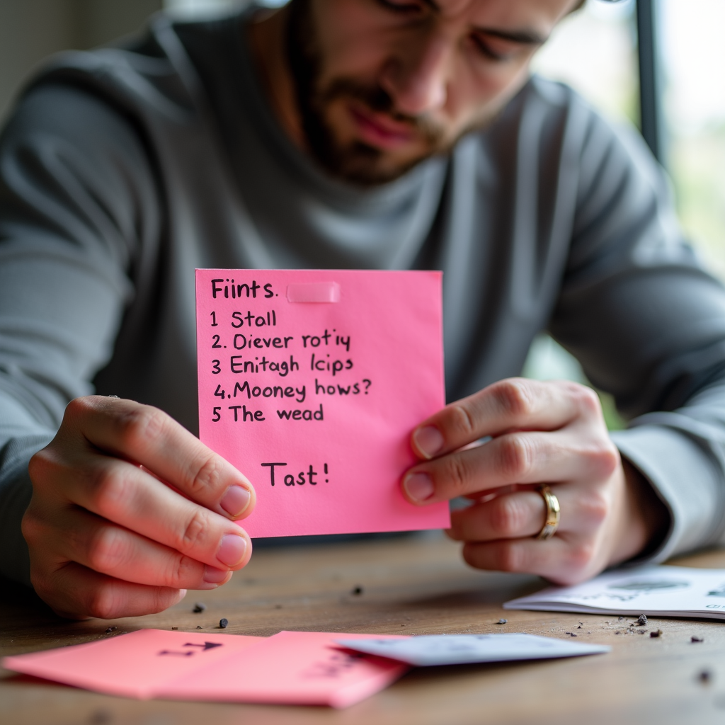 A person intently reads a handwritten list of nonsensical words on a pink paper.